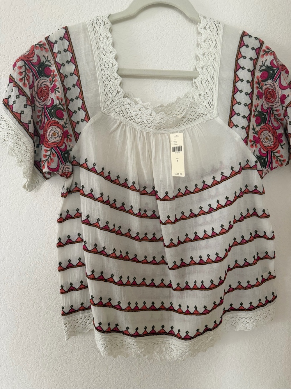Maeve White Peasant Tunic with Pink Floral Sleeves